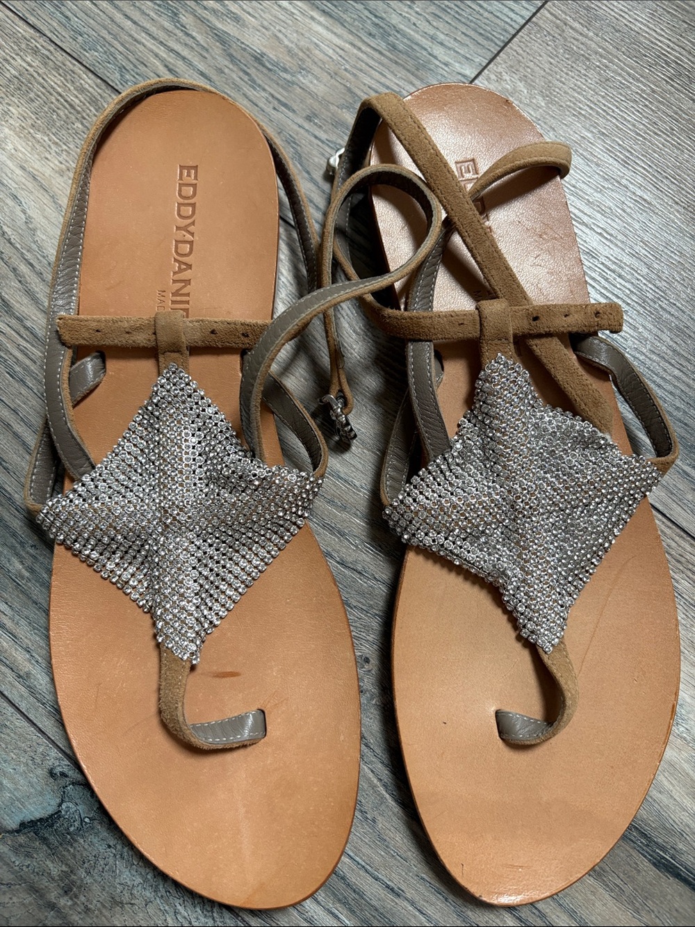 Eddy Daniele Silver Tone Brown Leather Sandals 9/40 Made in Italy - Picture 4 of 6